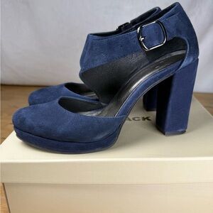 All Black Navy Suede Buckle Wrap Block Heels Size 6.5